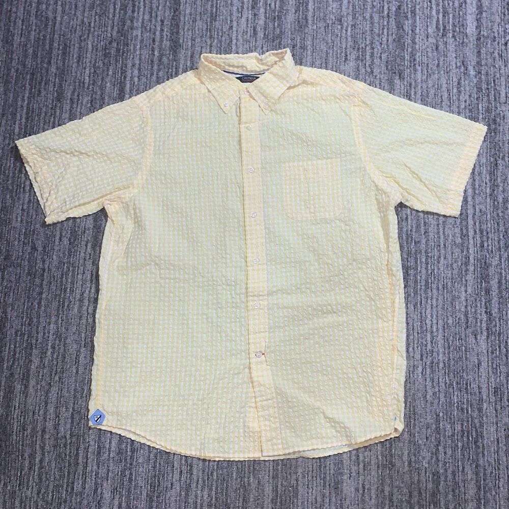 Cremieux Performance Mens Large Button Front Shirt Butter Yellow White Textured